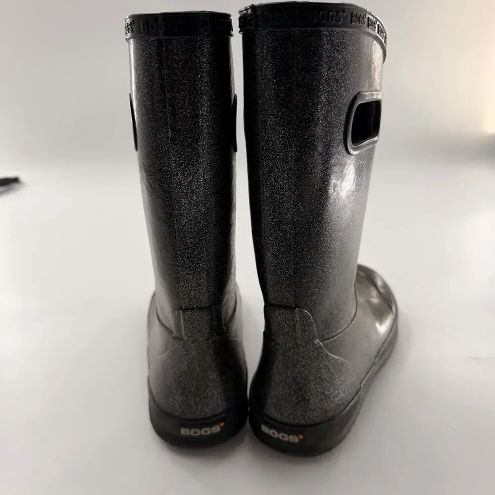 Bogs Girls Black Silver Glitter Rain Boots Size 6 Youth Waterproof